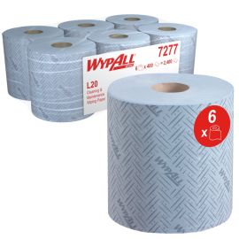 WypAll® L20 Cleaning and Maintenance Blue Wiping Paper 7277 - 2 Ply Centrefeed Rolls - 6 Blue Rolls x 400 Paper Wipers (2,400 Total)